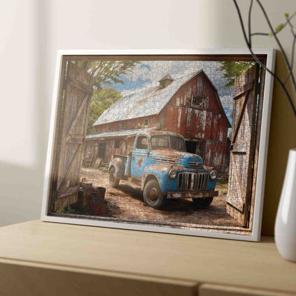 Vintage Blue Pickup Barnyard Scene Jigsaw Puzzle