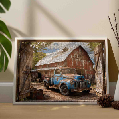 Vintage Blue Pickup Barnyard Scene Jigsaw Puzzle