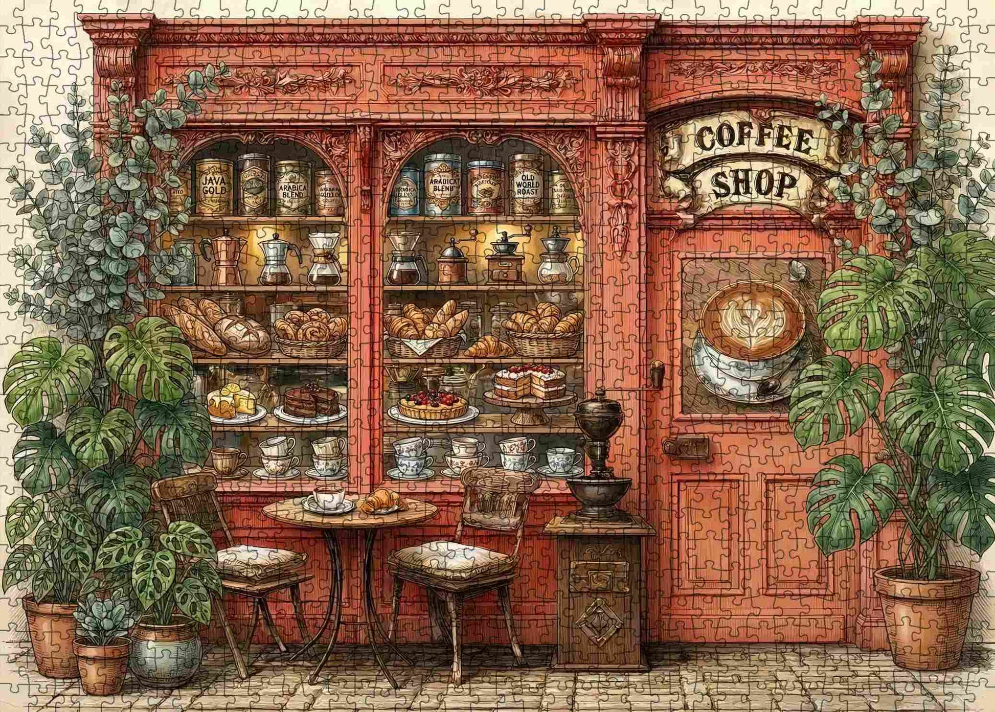 Vintage Botanical Coffee Shop Jigsaw Puzzle