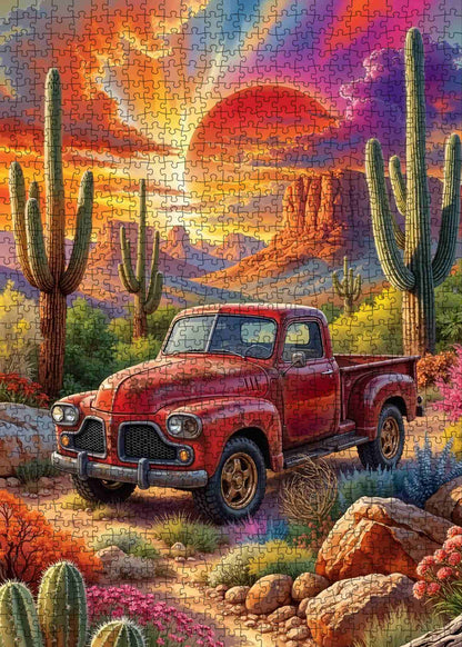 Vintage Red Truck Desert Sunset Jigsaw Puzzle