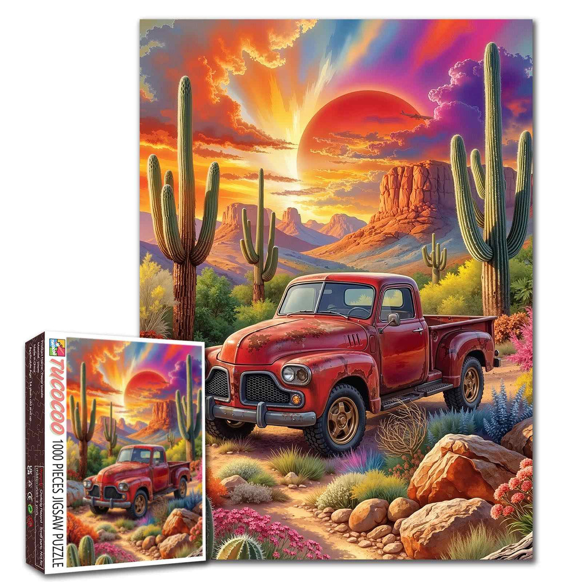 Vintage Red Truck Desert Sunset Jigsaw Puzzle