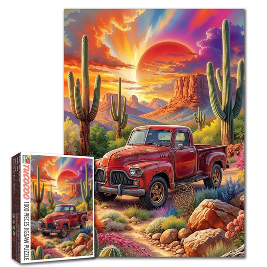Vintage Red Truck Desert Sunset Jigsaw Puzzle