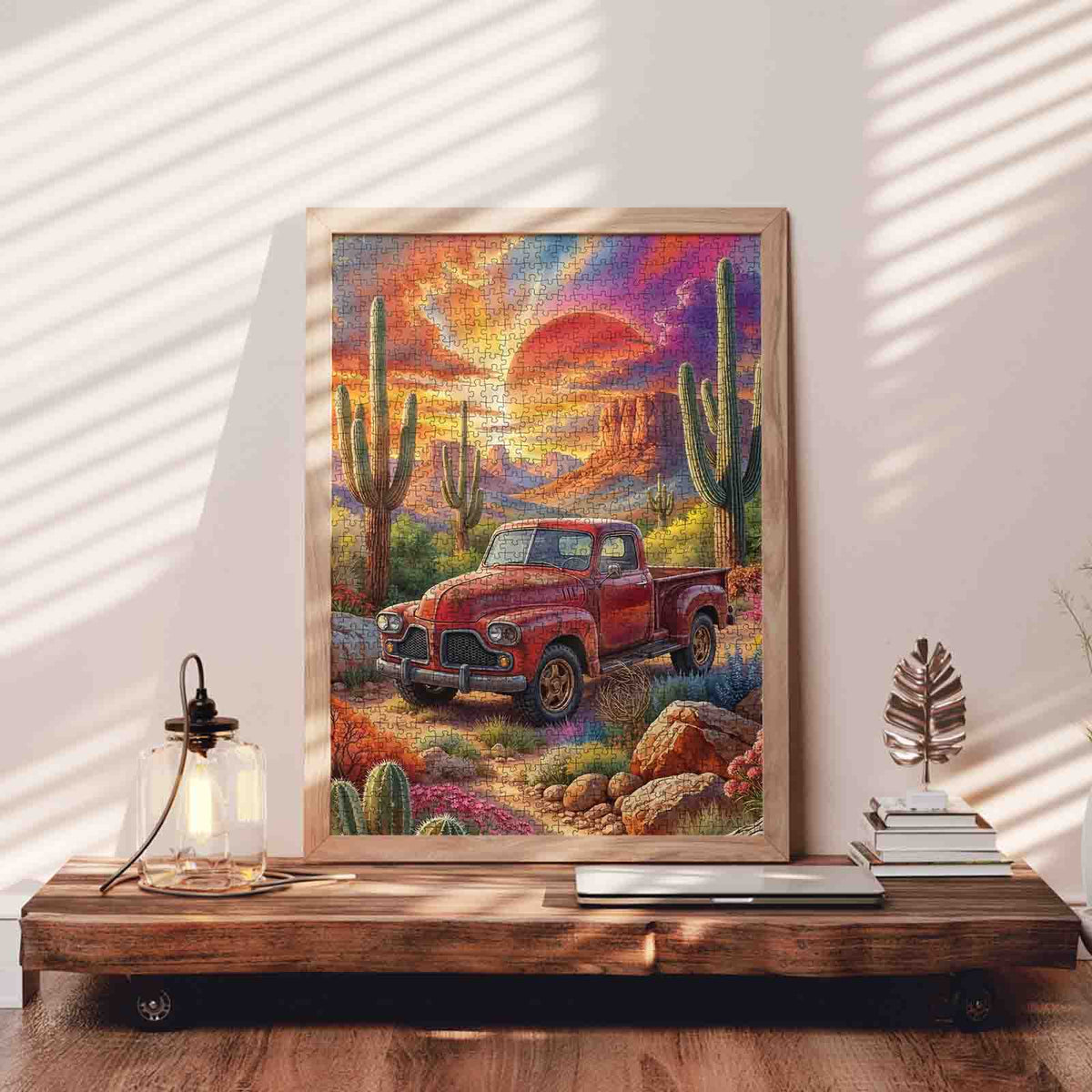 Vintage Red Truck Desert Sunset Jigsaw Puzzle