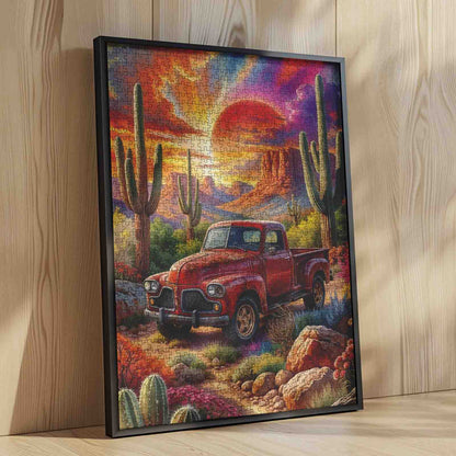 Vintage Red Truck Desert Sunset Jigsaw Puzzle