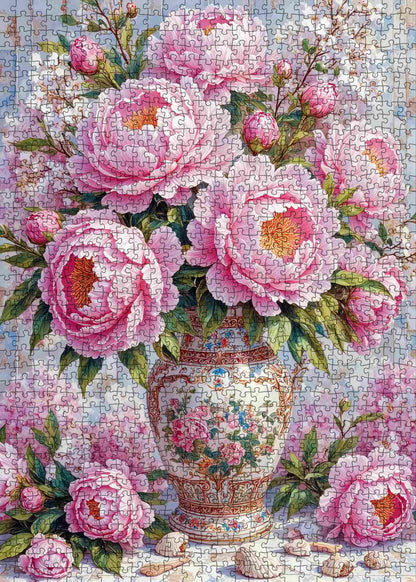 Vintage Pink Peony Vase Floral Art Jigsaw Puzzle