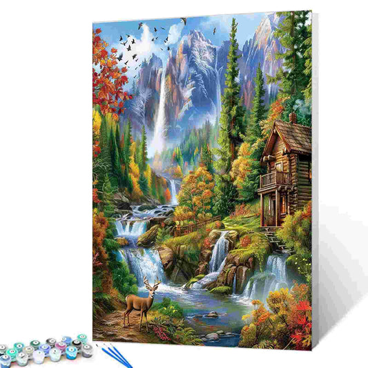 Forest Cabin & Waterfall Paint by Numbers