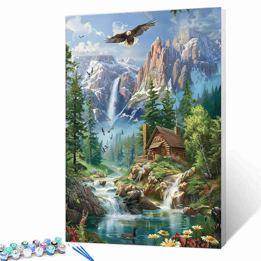 Mountain Cabin and Eagle Paint by Numbers