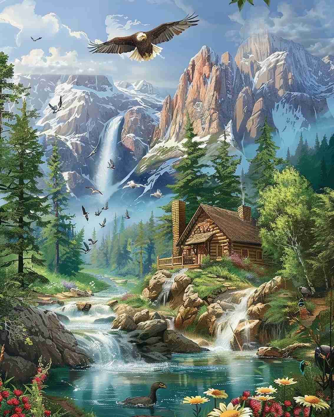 Mountain Cabin and Eagle Paint by Numbers