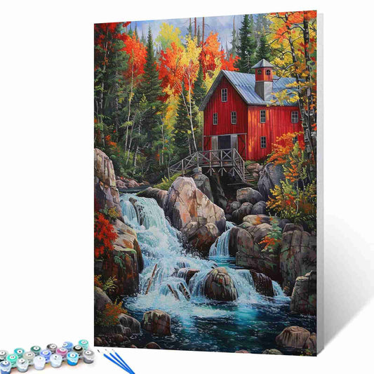 Red Barn Waterfall Paint by Numbers