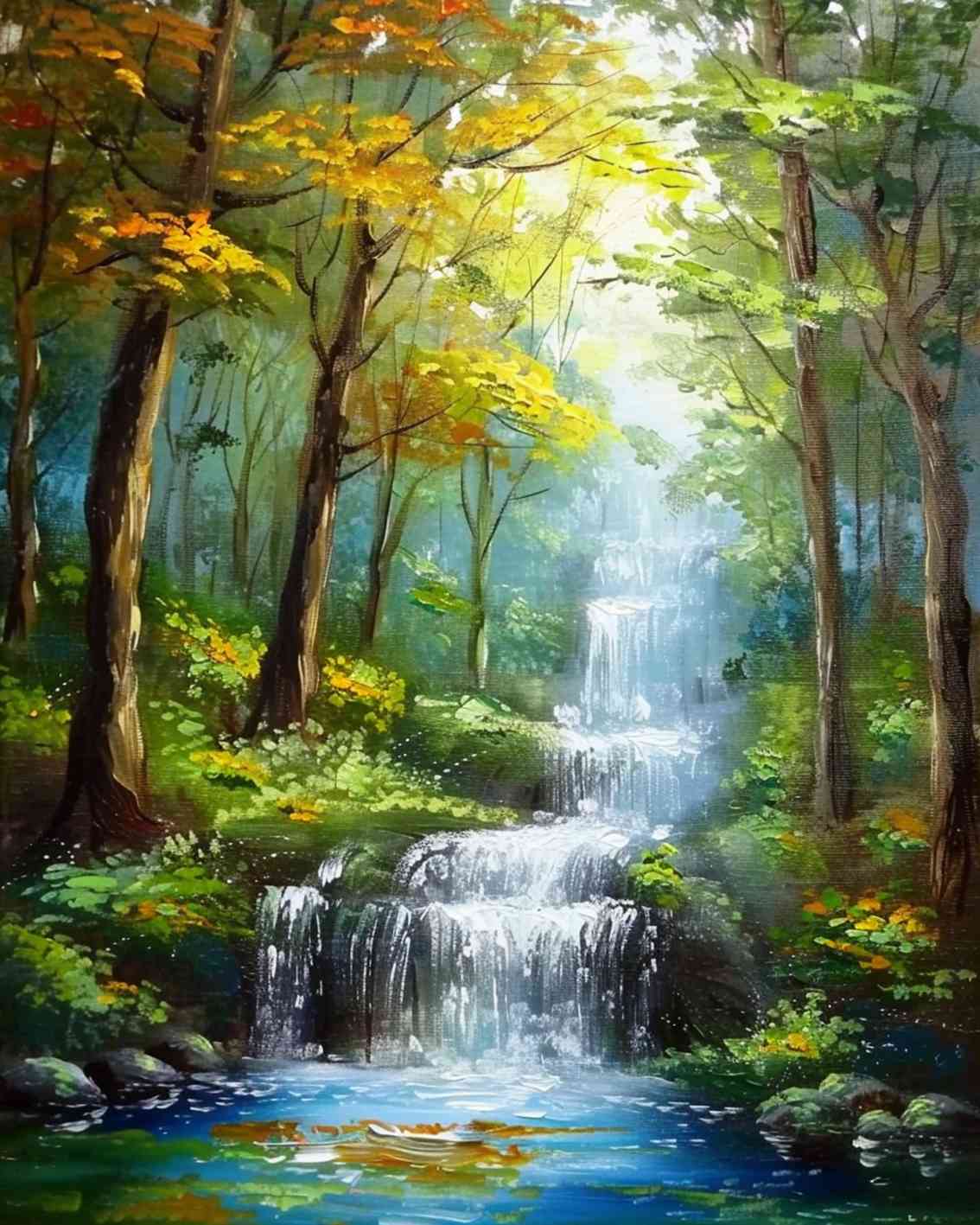 Tranquil Forest Waterfall Paint by Numbers