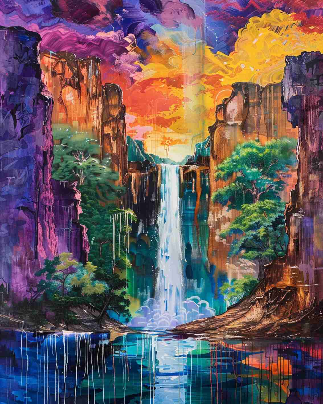 Vibrant Sunset Waterfall Paint by Numbers