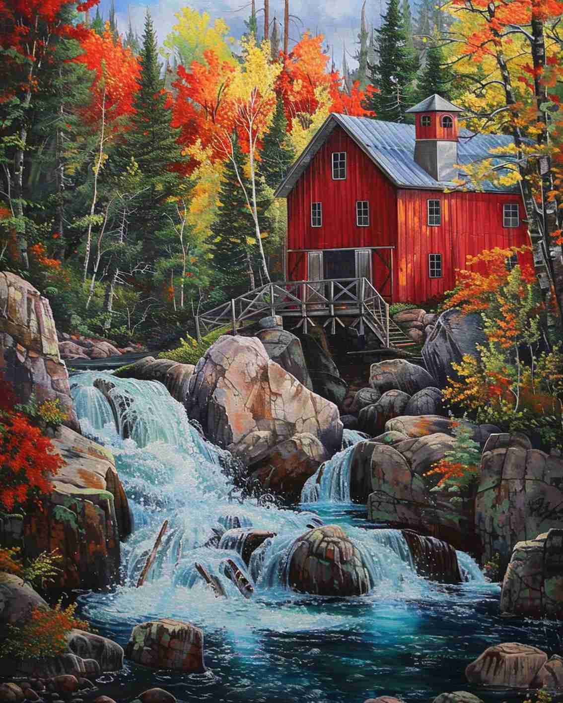 Red Barn Waterfall Paint by Numbers