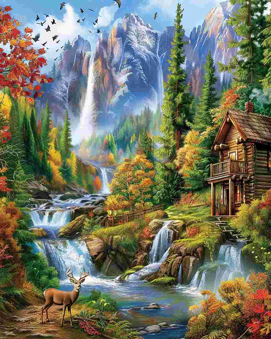 Forest Cabin & Waterfall Paint by Numbers