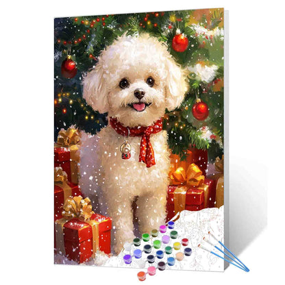 White Poodle Under Christmas Tree Paint by Numbers