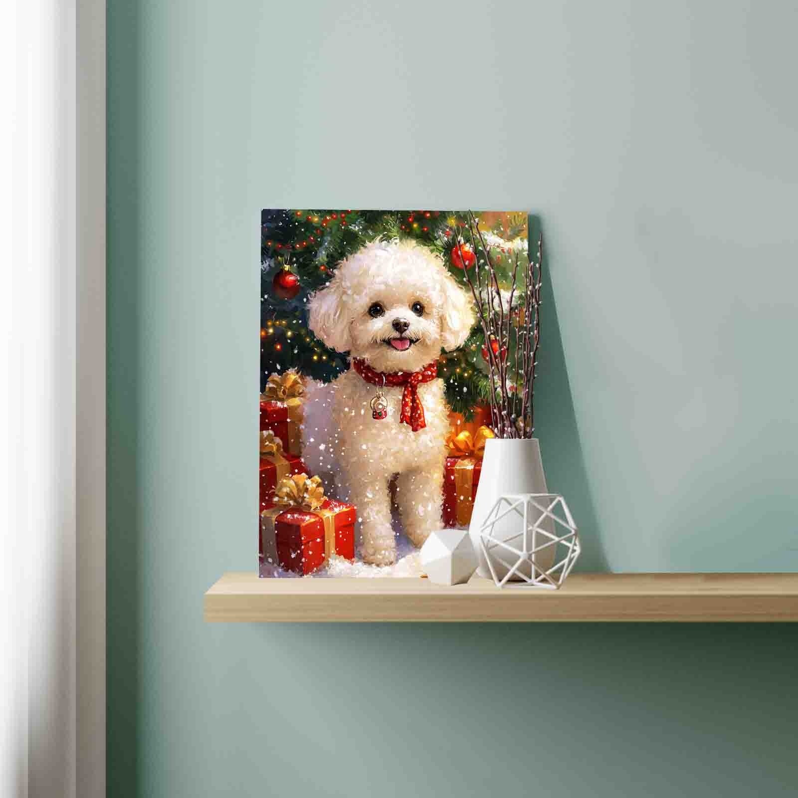 White Poodle Under Christmas Tree Paint by Numbers