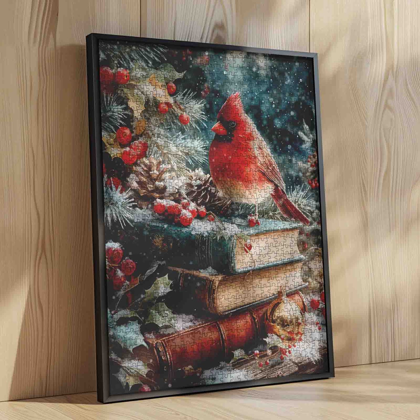 Winter Cardinal on Stacked Books Jigsaw Puzzle