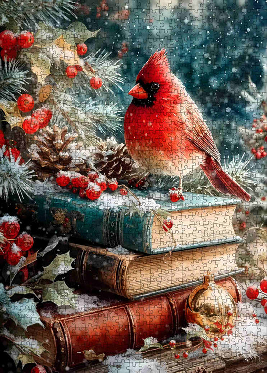 Winter Cardinal on Stacked Books Jigsaw Puzzle
