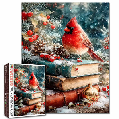 Winter Cardinal on Stacked Books Jigsaw Puzzle