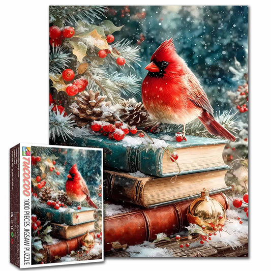 Winter Cardinal on Stacked Books Jigsaw Puzzle