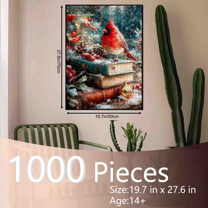 Winter Cardinal on Stacked Books Jigsaw Puzzle
