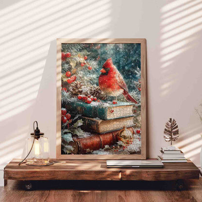 Winter Cardinal on Stacked Books Jigsaw Puzzle