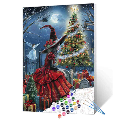 Witch and Christmas Tree Night Scene Paint by Numbers