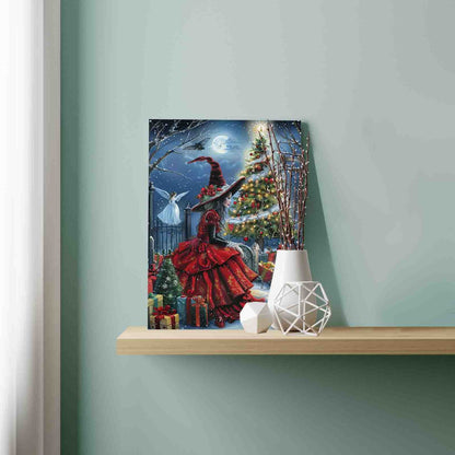 Witch and Christmas Tree Night Scene Paint by Numbers