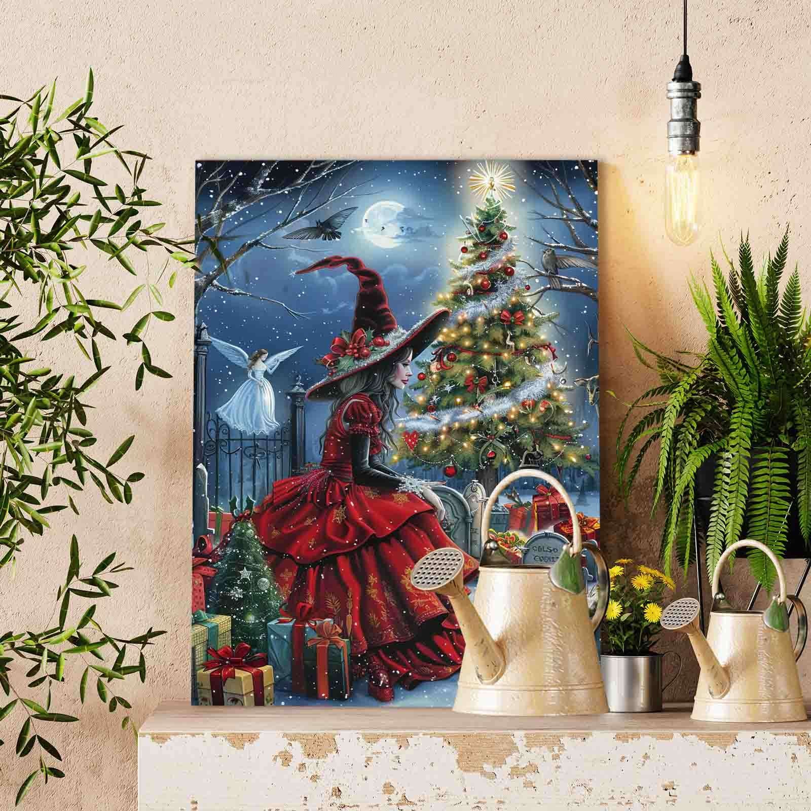 Witch and Christmas Tree Night Scene Paint by Numbers