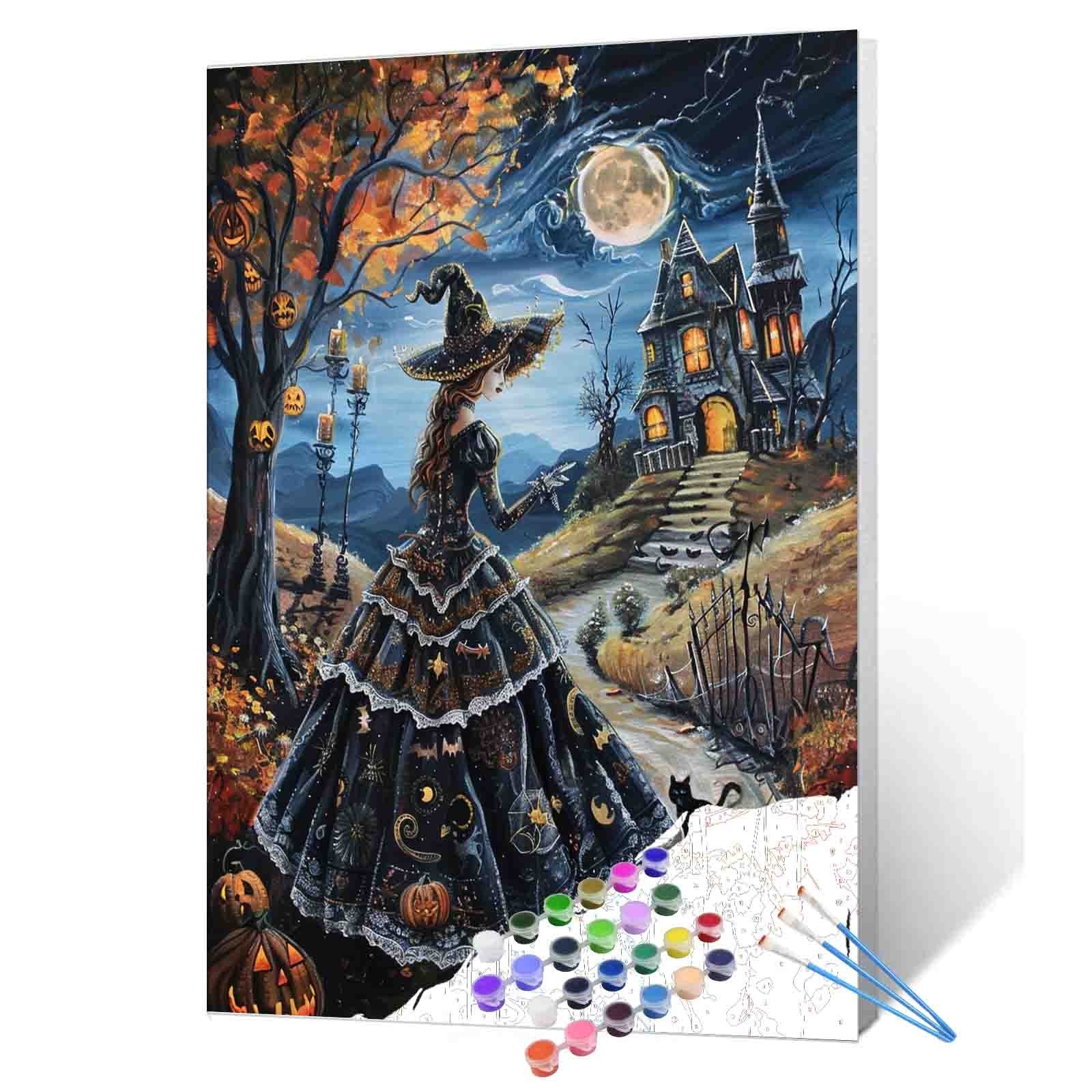 Witch under Moonlight Mansion Scene Paint by Numbers