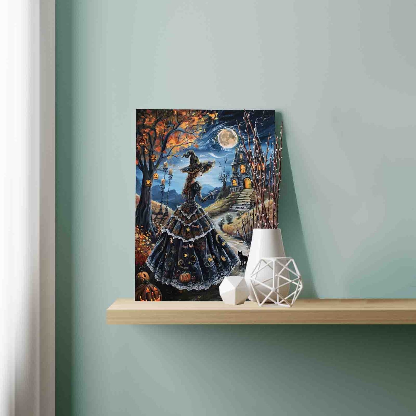 Witch under Moonlight Mansion Scene Paint by Numbers