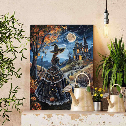 Witch under Moonlight Mansion Scene Paint by Numbers