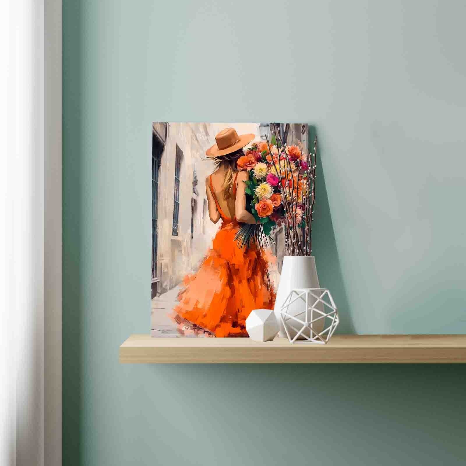 Woman in Orange Dress with Flowers Paint by Numbers