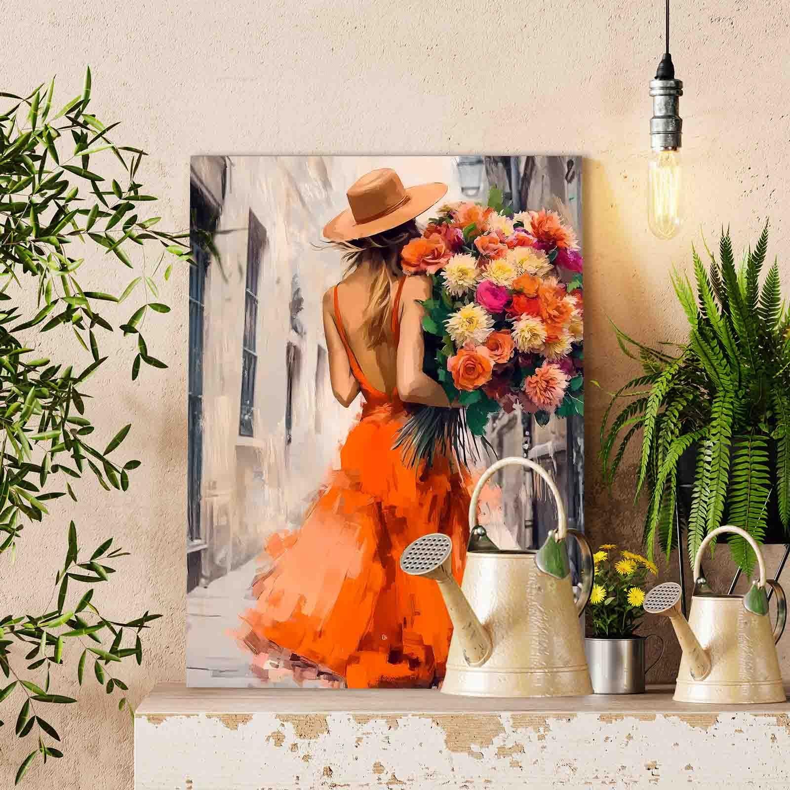 Woman in Orange Dress with Flowers Paint by Numbers