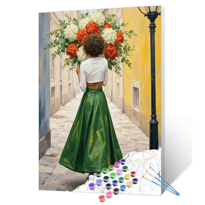 Woman with Green Skirt and Bouquet Paint by Numbers