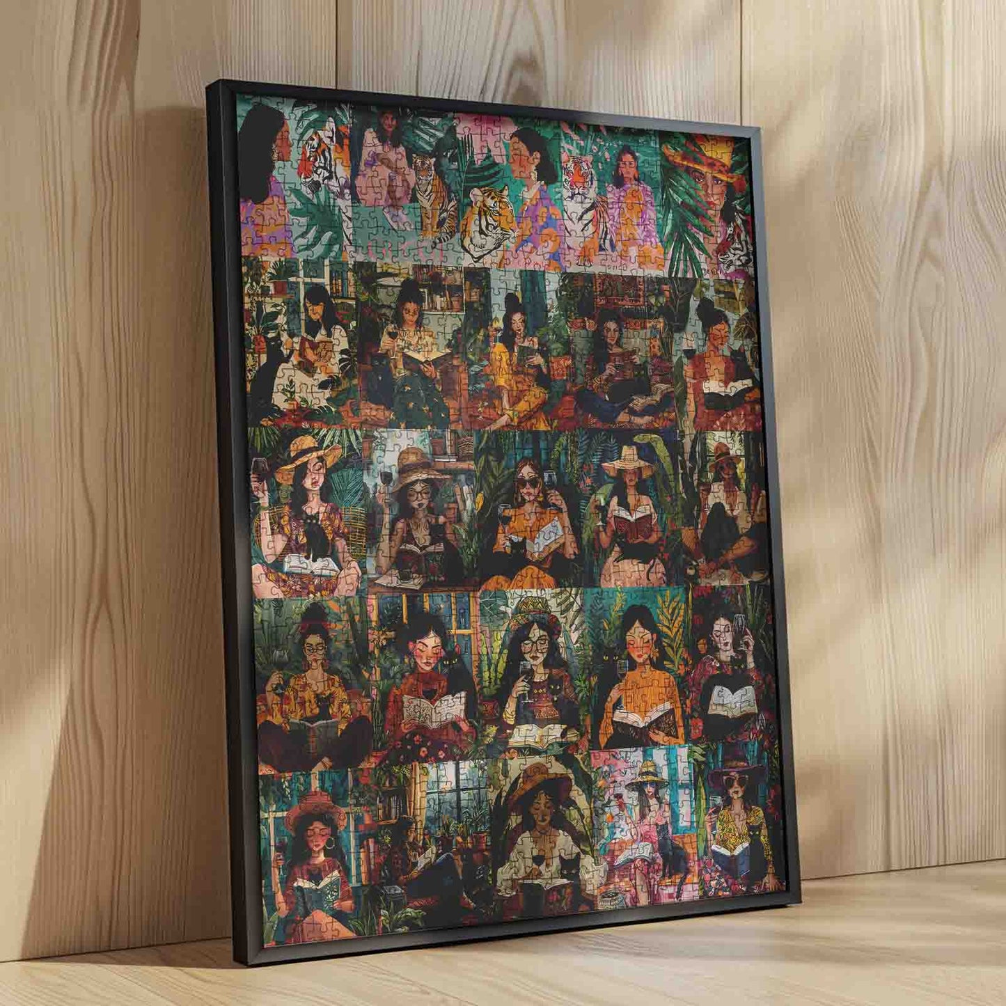 Women Reading with Cats in Lush Garden Scenes Jigsaw Puzzle