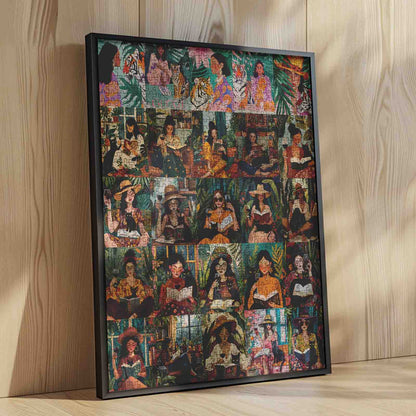 Women Reading with Cats in Lush Garden Scenes Jigsaw Puzzle