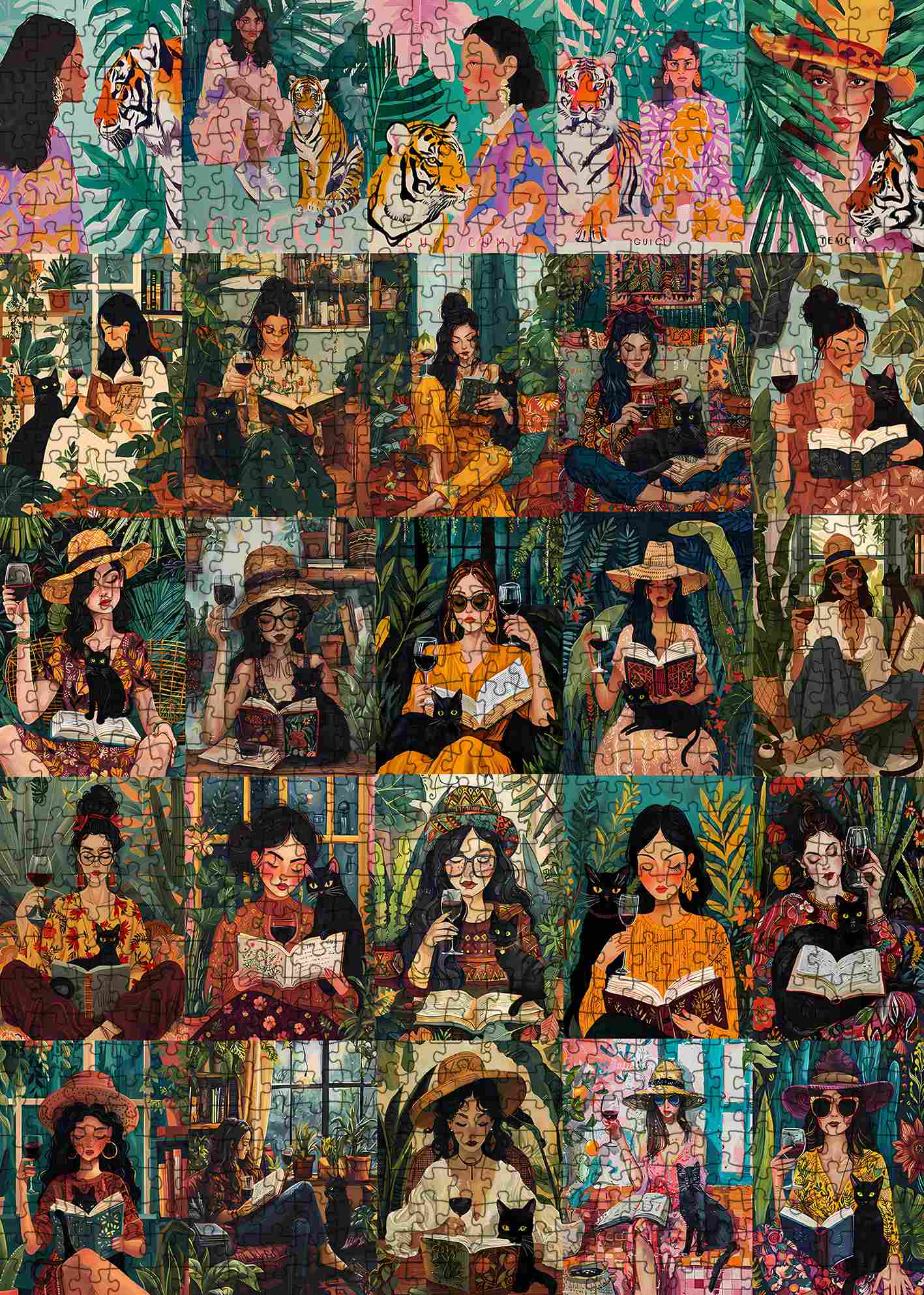 Women Reading with Cats in Lush Garden Scenes Jigsaw Puzzle