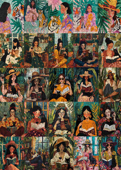 Women Reading with Cats in Lush Garden Scenes Jigsaw Puzzle