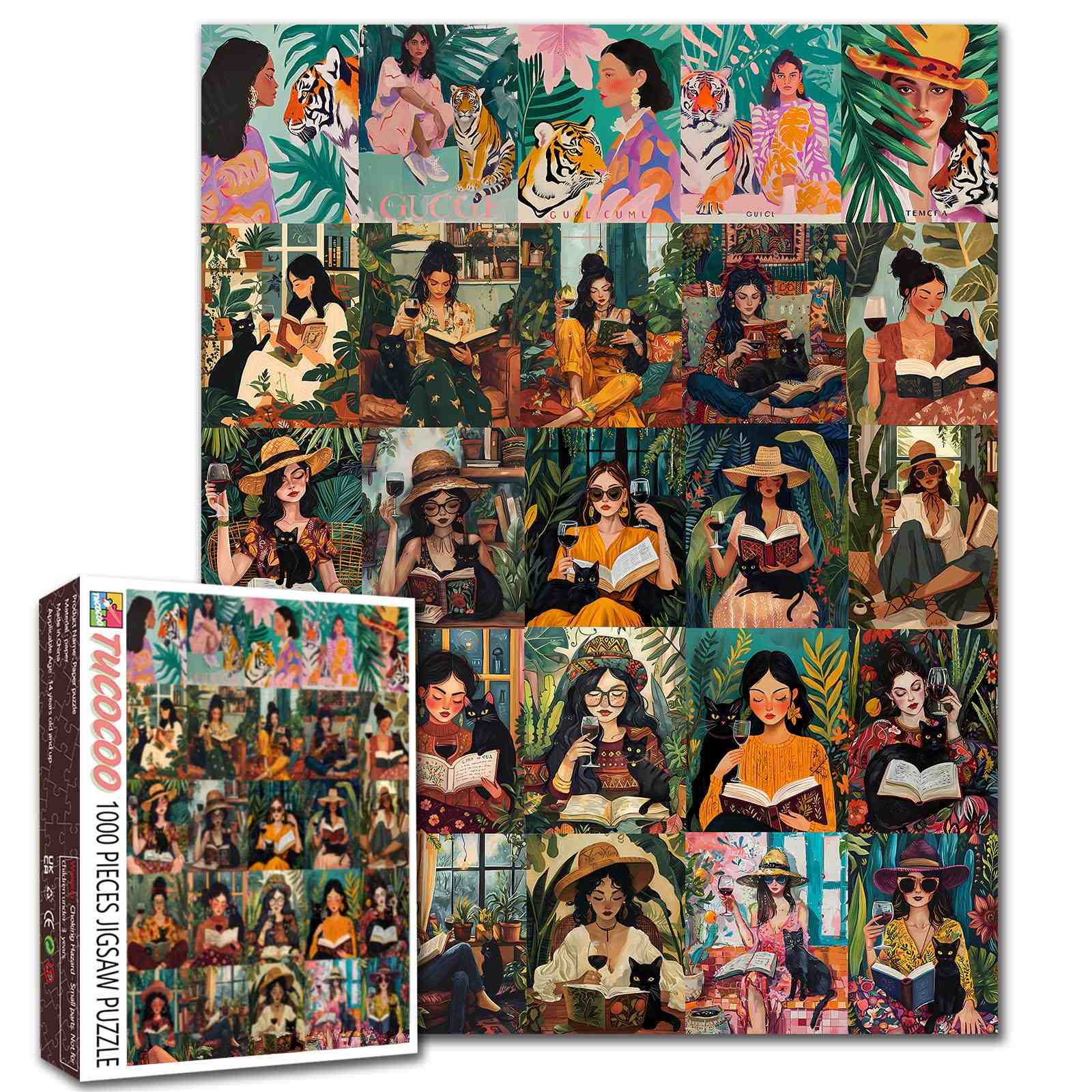 Women Reading with Cats in Lush Garden Scenes Jigsaw Puzzle