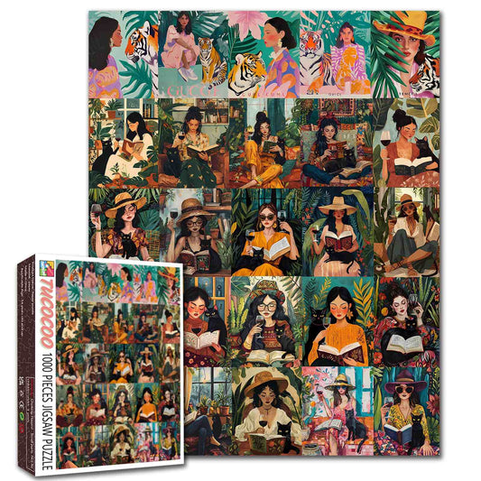 Women Reading with Cats in Lush Garden Scenes Jigsaw Puzzle