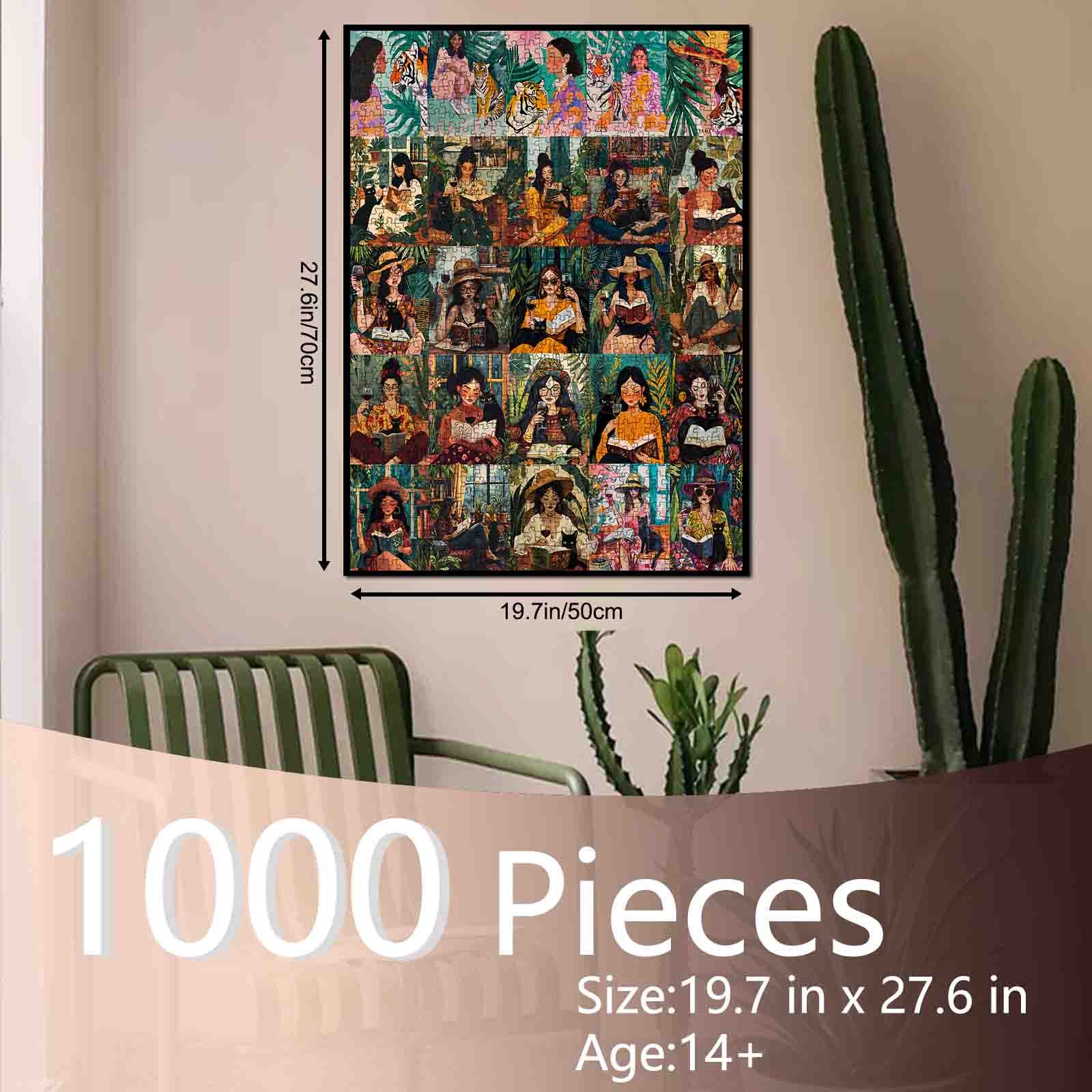 Women Reading with Cats in Lush Garden Scenes Jigsaw Puzzle