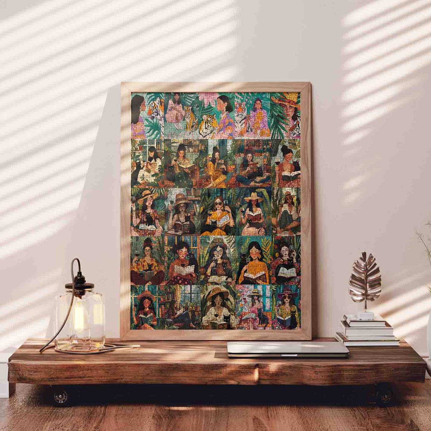 Women Reading with Cats in Lush Garden Scenes Jigsaw Puzzle