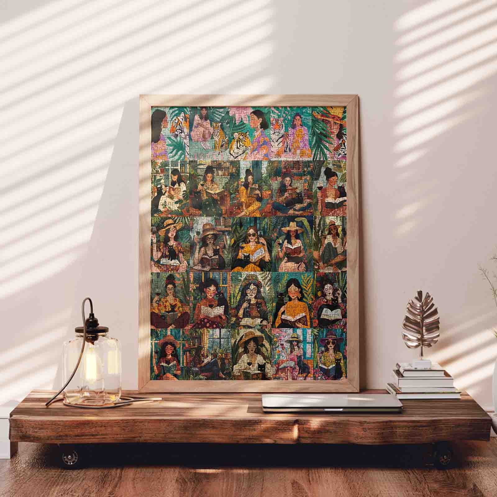 Women Reading with Cats in Lush Garden Scenes Jigsaw Puzzle