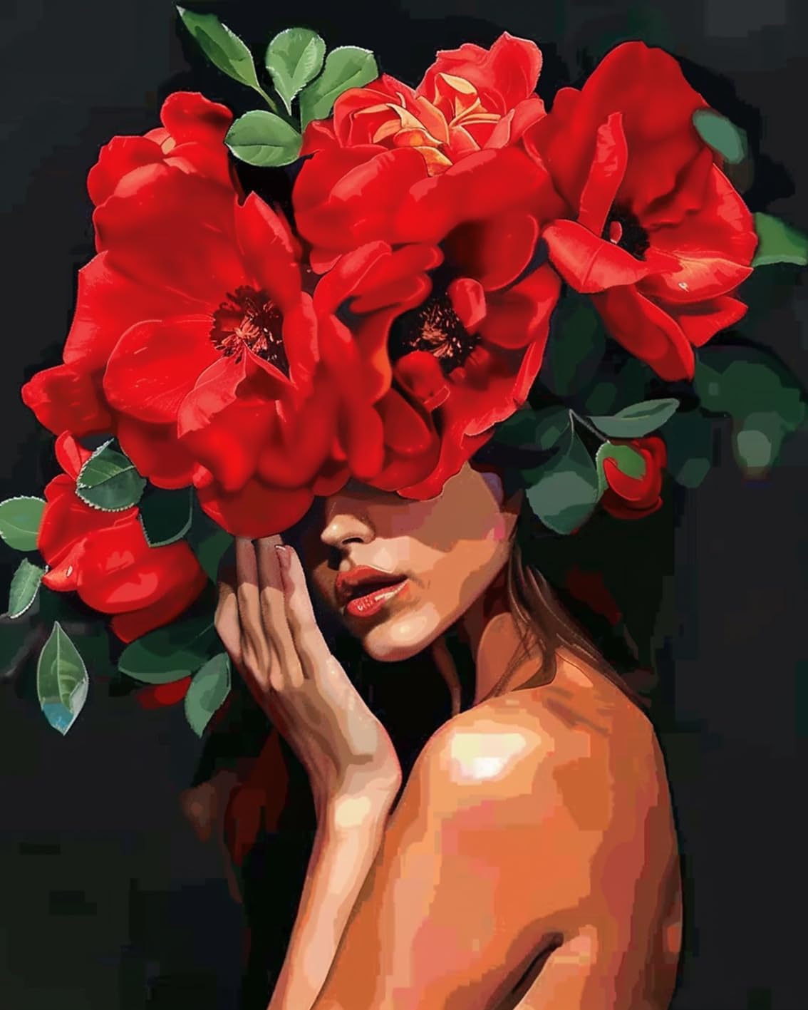 Femme portant un chapeau de rose rouge Peinture par numéros 