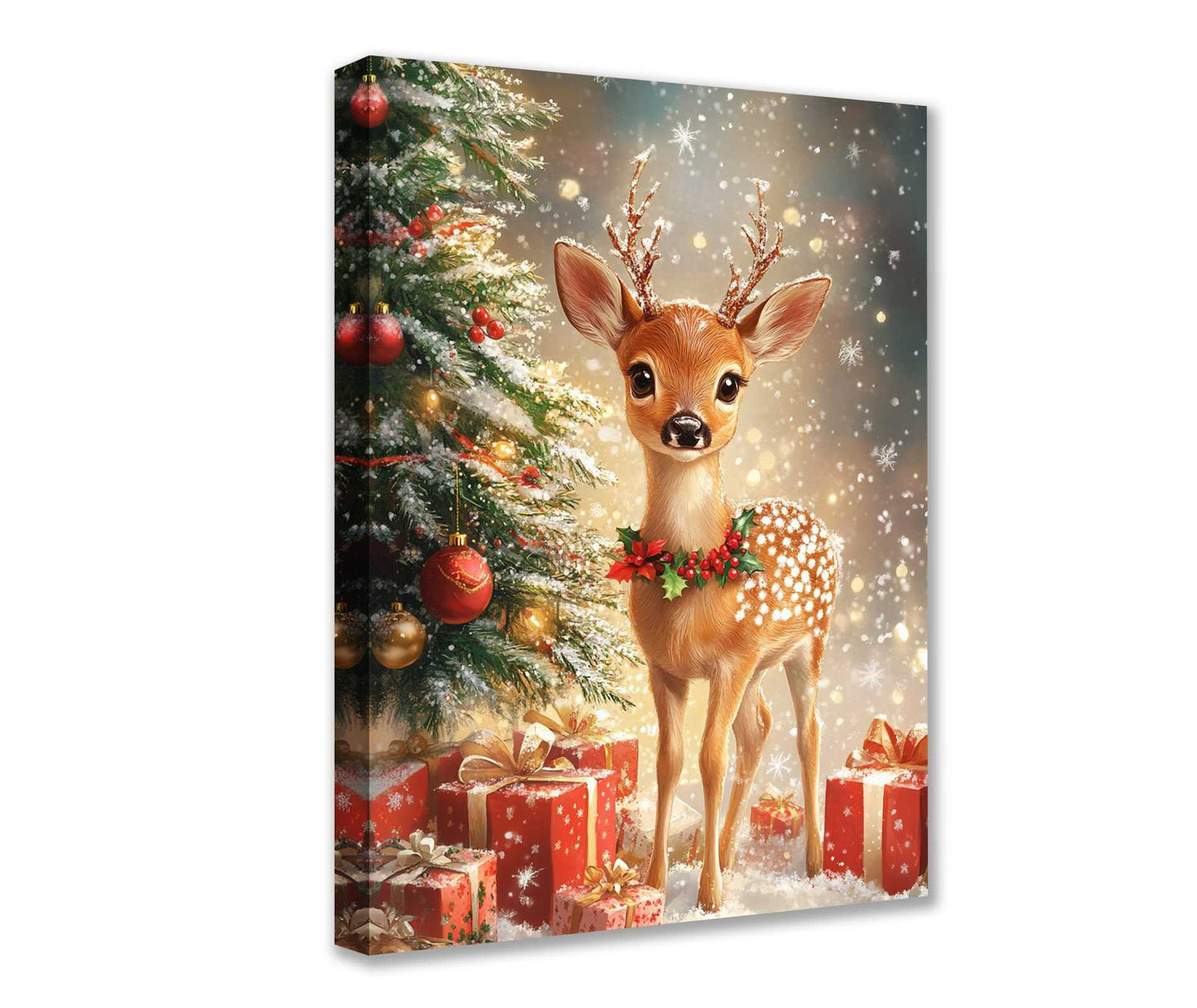 Adorable Fawn by Christmas Tree Canvas Wall Art - Tucocoo