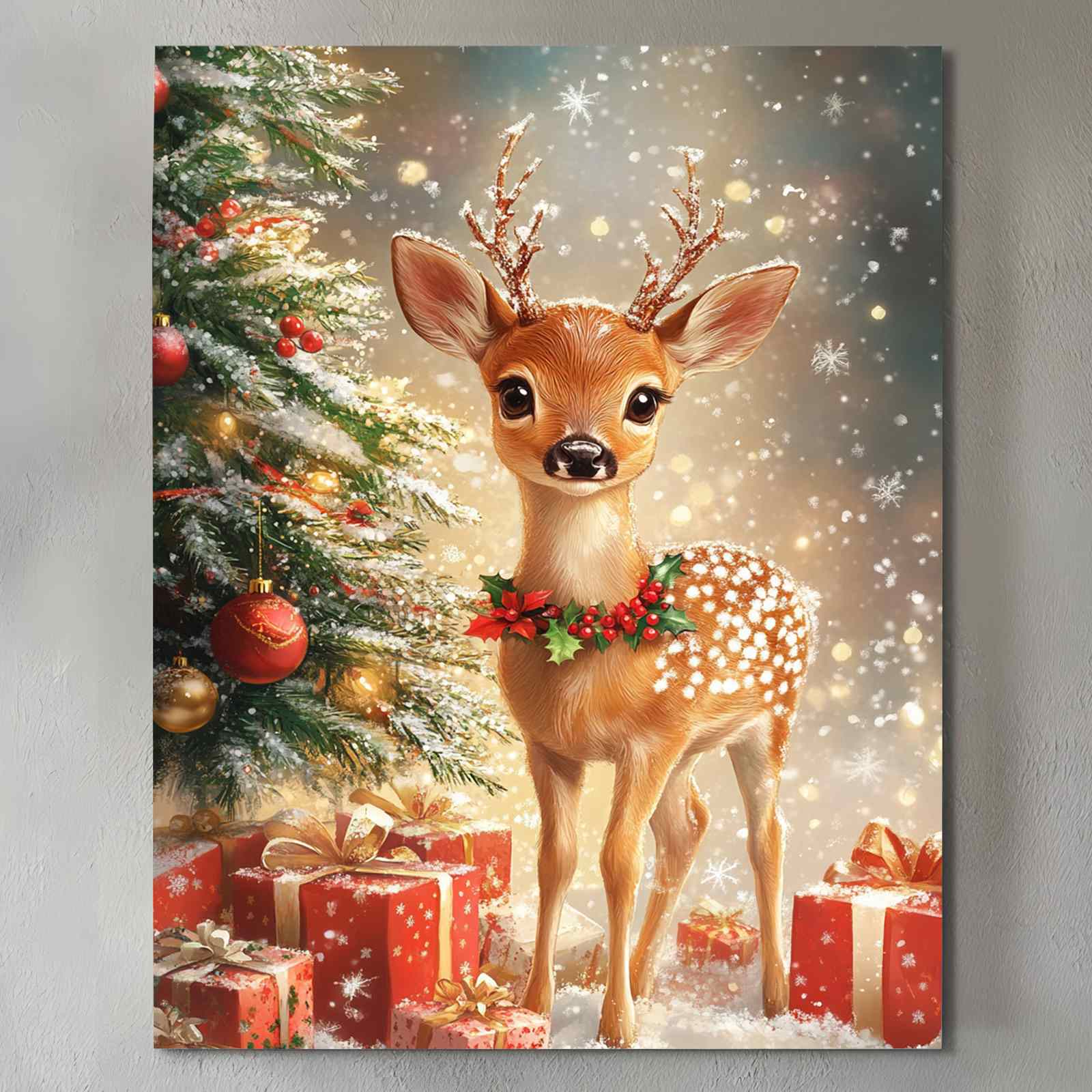 Adorable Fawn by Christmas Tree Canvas Wall Art - Tucocoo