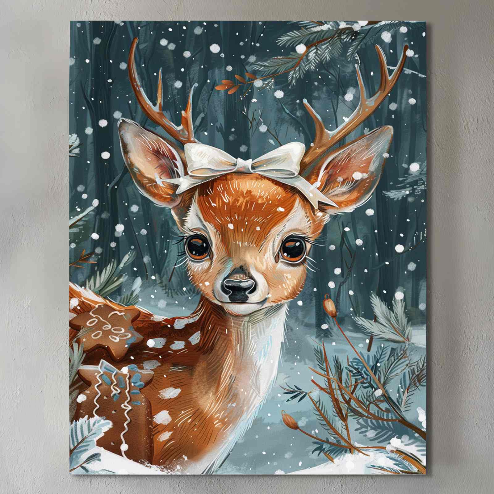 Adorable Snowy Deer with Gingerbread Christmas Canvas Wall Art - Tucocoo