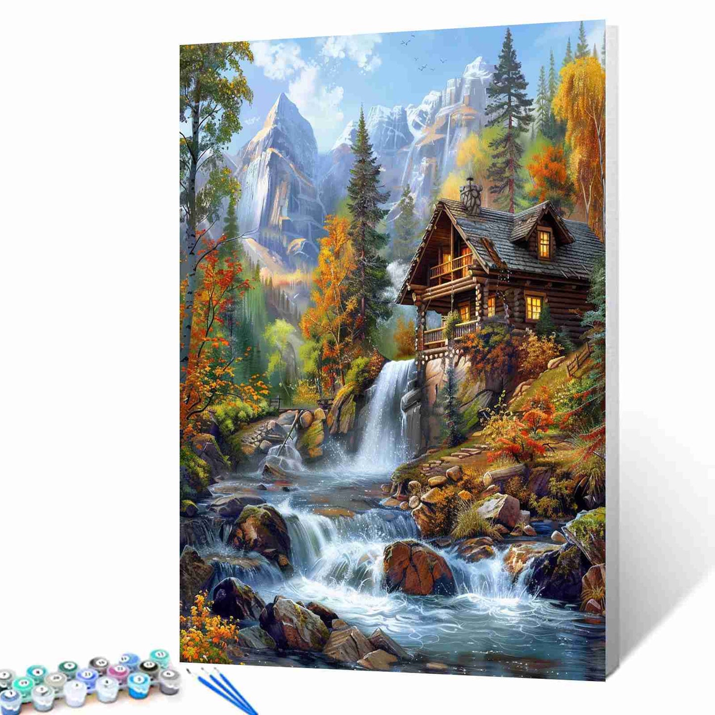 Alpine Cabin Waterfall Paint by Numbers - Tucocoo