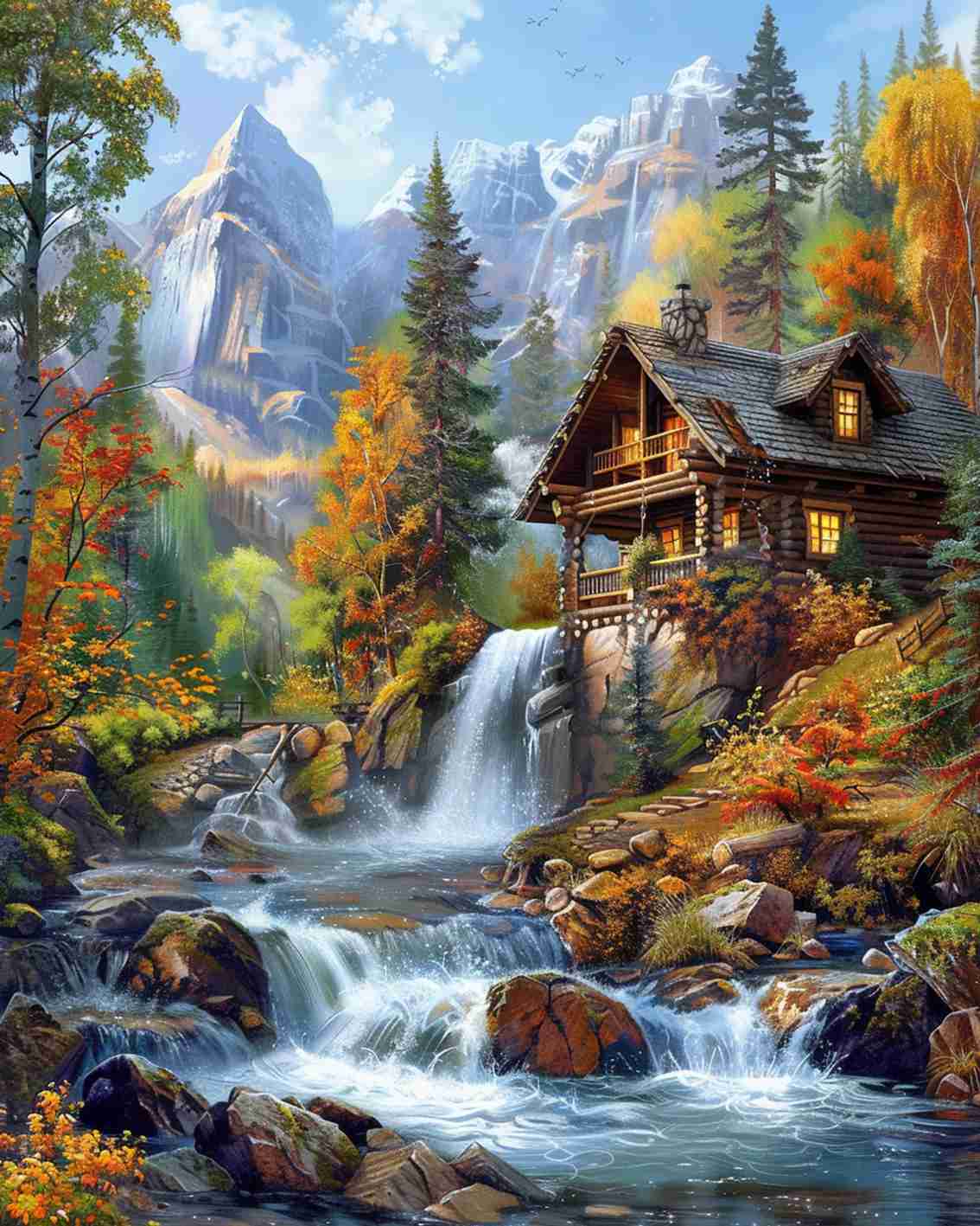 Alpine Cabin Waterfall Paint by Numbers - Tucocoo