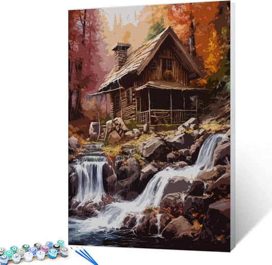 Cabin next to Waterfall in Autumn  Paint by Numbers